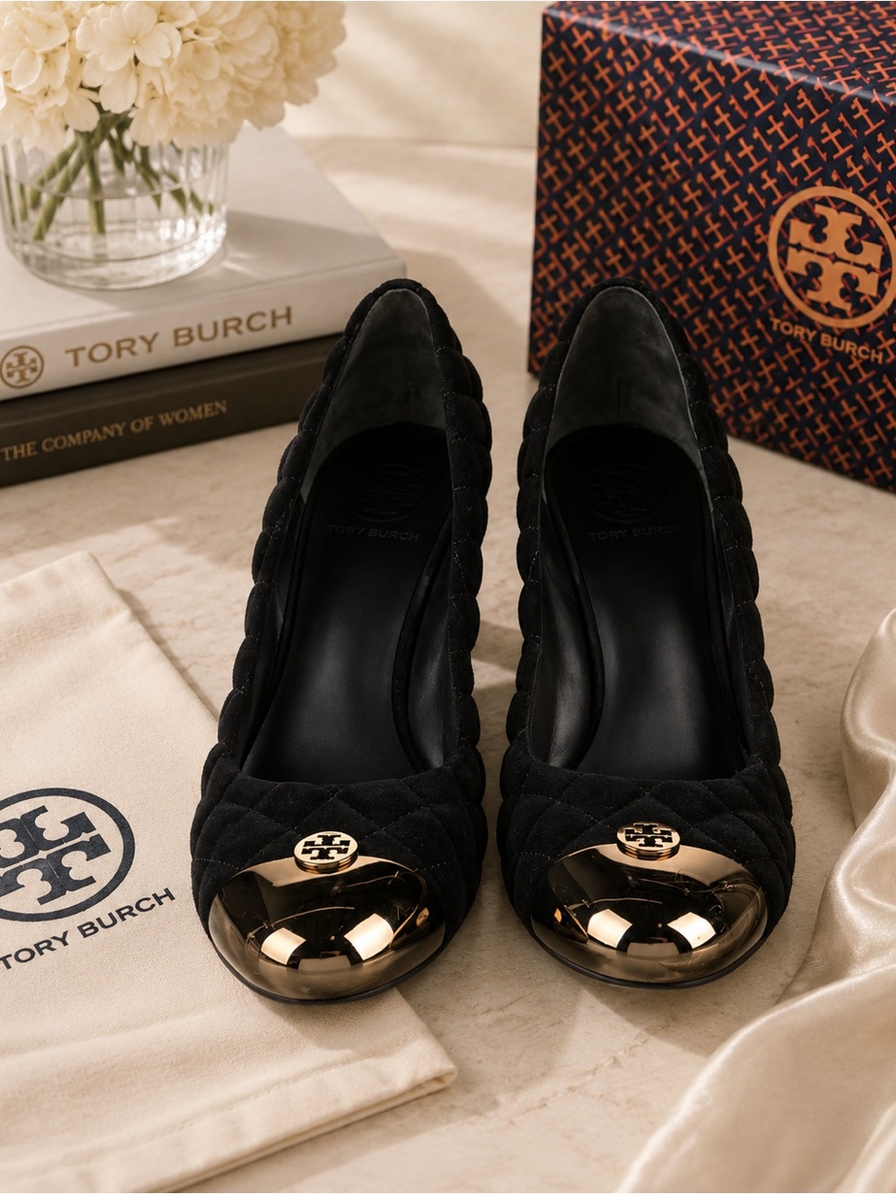 Elegant Tory Burch Black Suede Quilted with Gold Cap Emblem Wedge Shoes - Sz 9.5